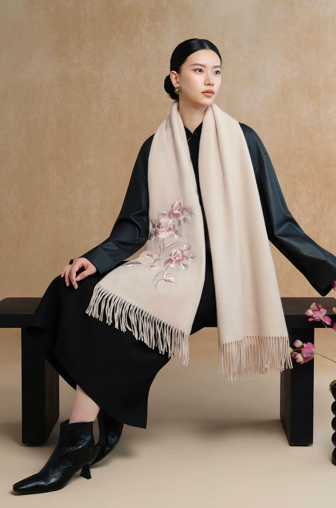 Peony in Bloom Embroidered Wool Scarf / Shawl
