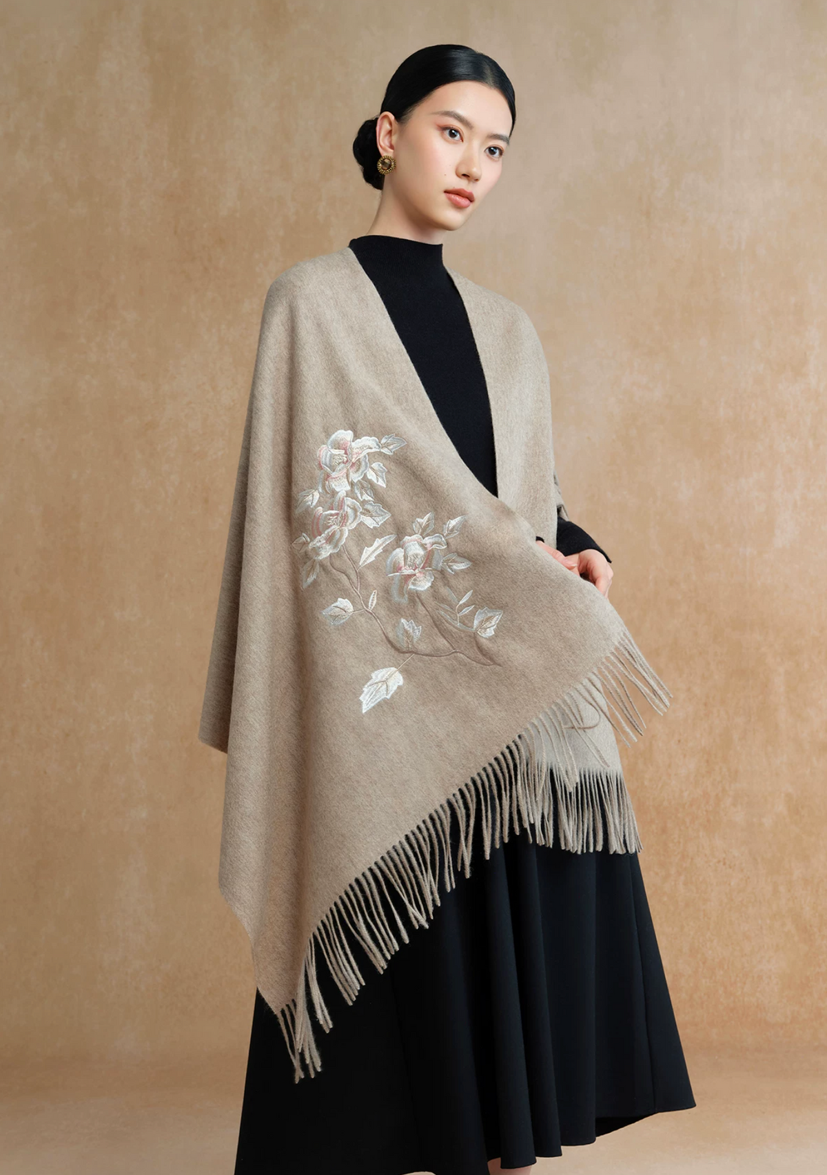 Peony in Bloom Embroidered Wool Scarf / Shawl