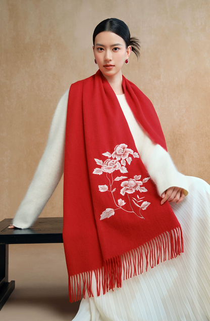 Peony in Bloom Embroidered Wool Scarf / Shawl