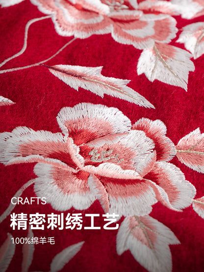Peony in Bloom Embroidered Wool Scarf / Shawl