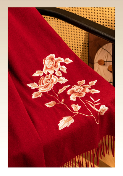 Peony in Bloom Embroidered Wool Scarf / Shawl