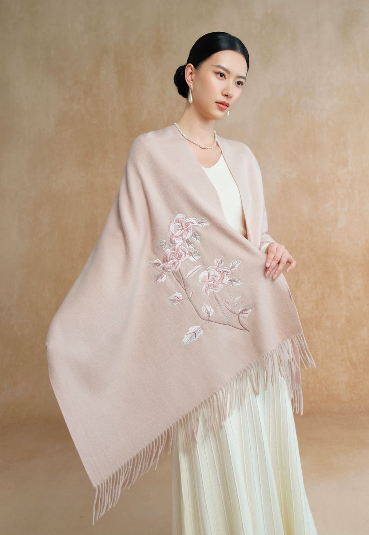 Peony in Bloom Embroidered Wool Scarf / Shawl