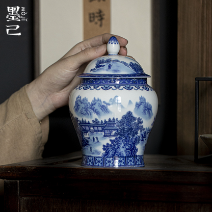 Qing Hua Mountain Lanscape Tea Canister