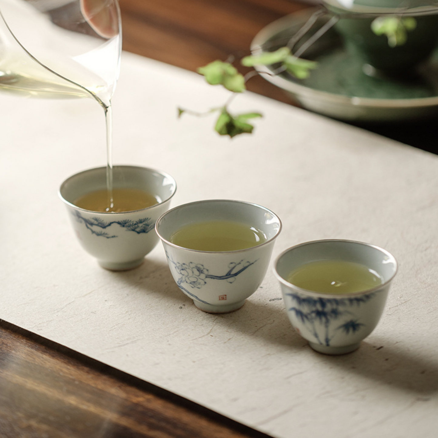 Qing Hua 3-Set Silver Lining Tea Cups