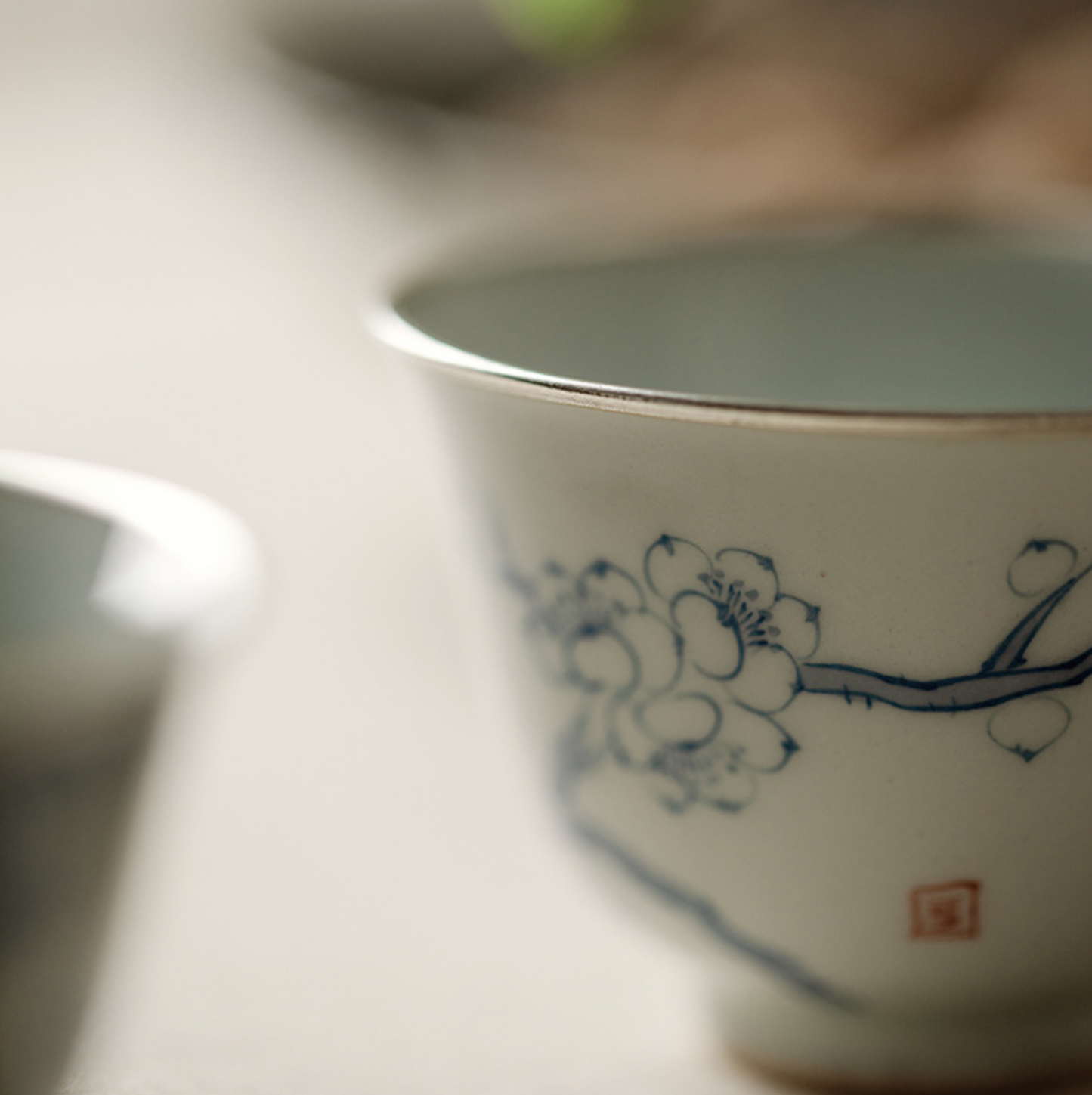 Qing Hua 3-Set Silver Lining Tea Cups