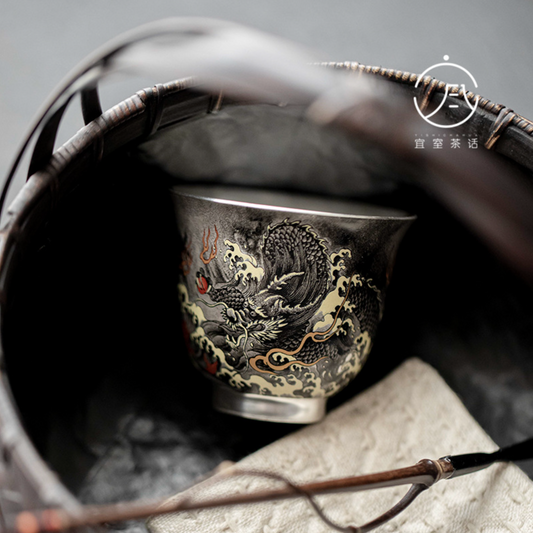 999 Sterling Silver Ink Dragon Tea Cup