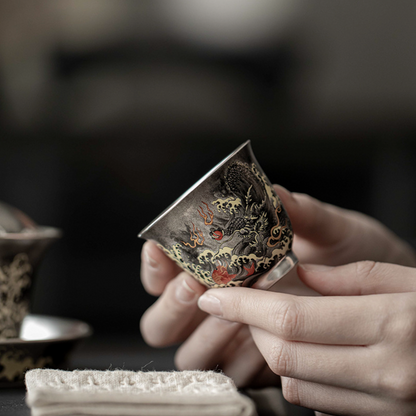 999 Sterling Silver Ink Dragon Tea Cup