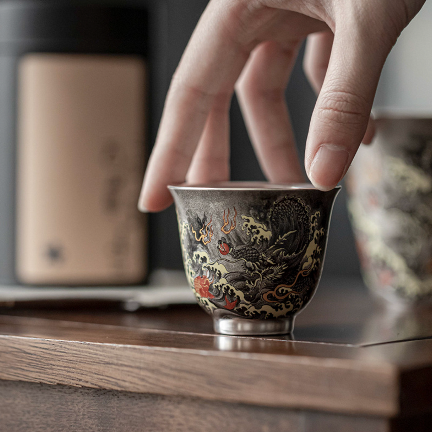 999 Sterling Silver Ink Dragon Tea Cup