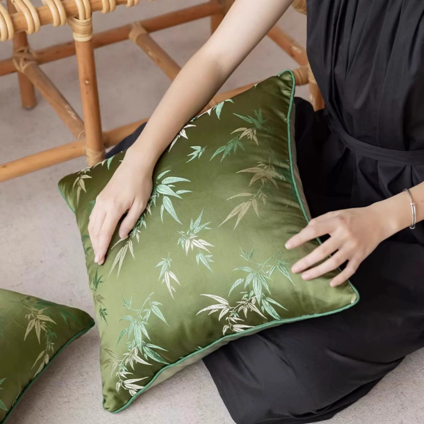 Jade Bamboo Embroidery Pillow Cover