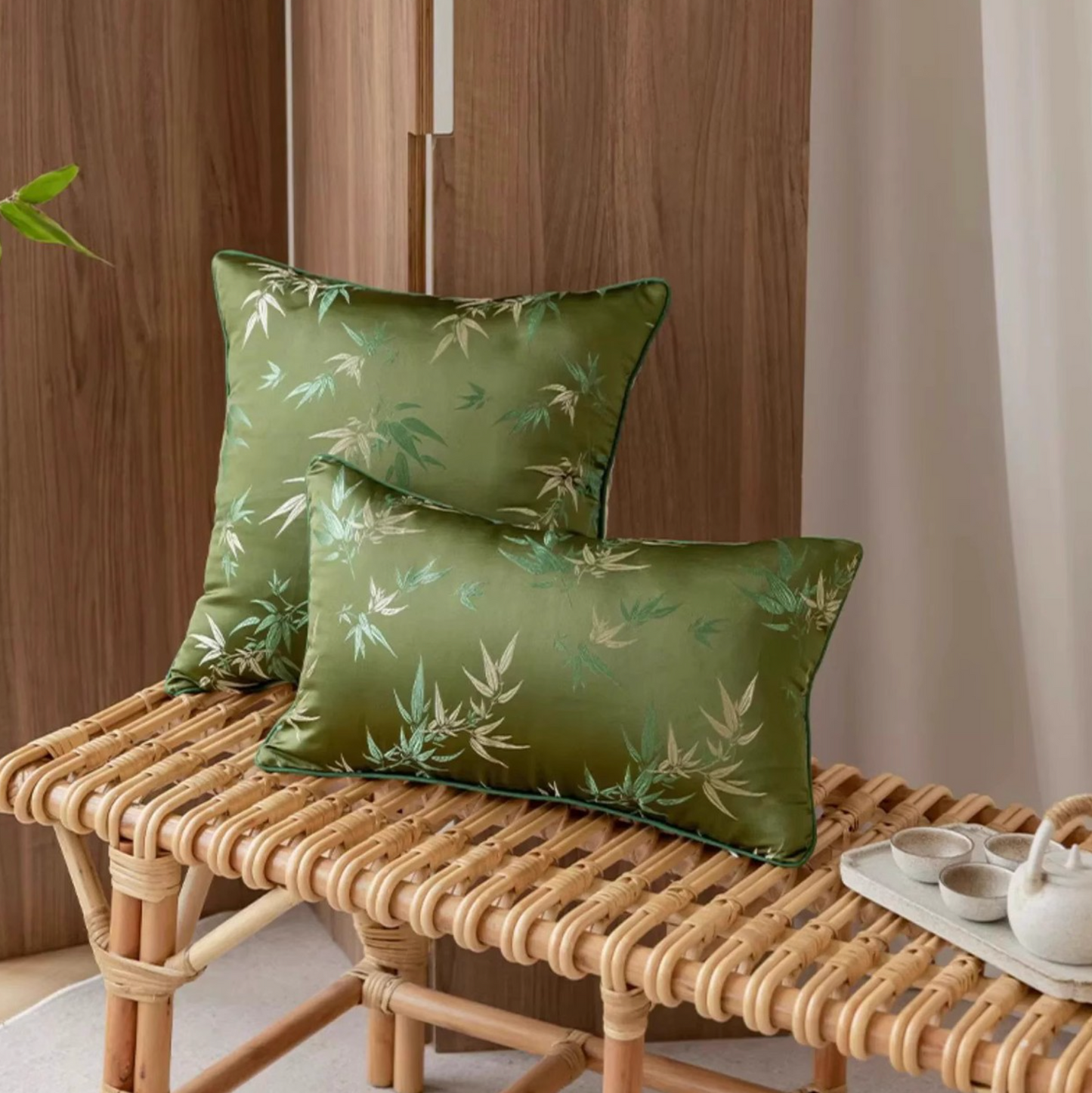 Jade Bamboo Embroidery Pillow Cover