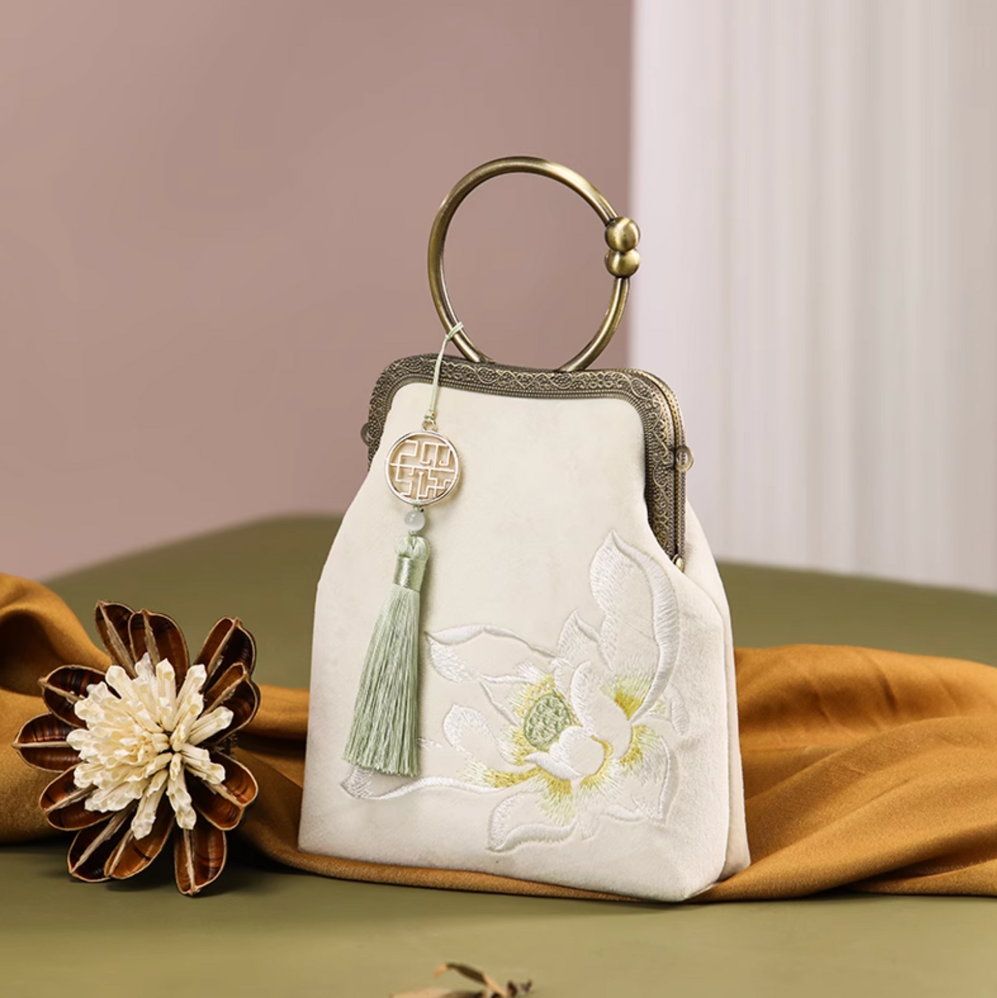 Lotus Poetry Top-Handle Clutch Bag