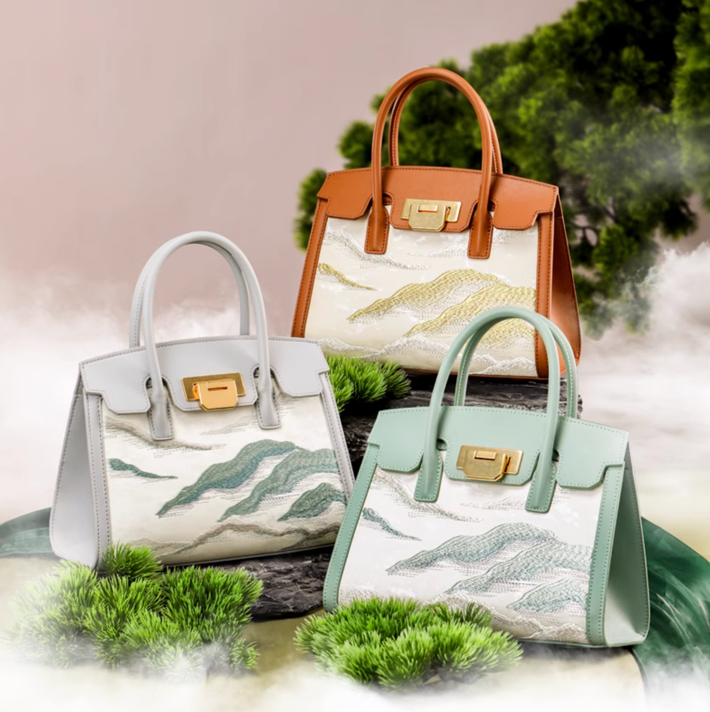 Mountain Mist Art Top Handle Clasp Tote Bag