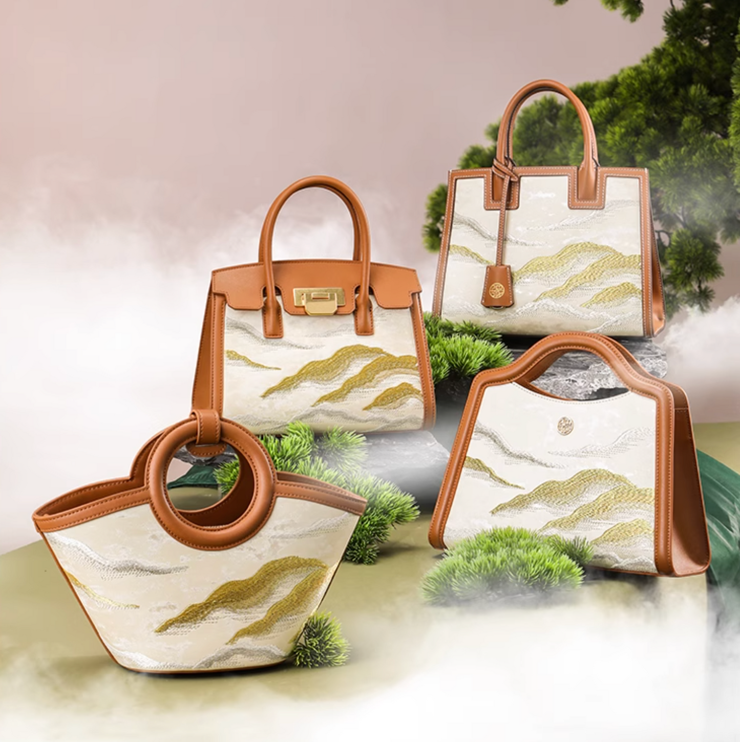 Mountain Mist Art Top Handle Clasp Tote Bag