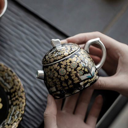 999 Sterling Silver Gold Branches and Jade Leaf Ceramic Tea Pot