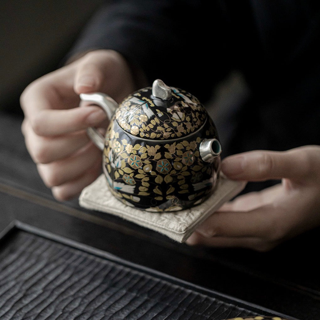 999 Sterling Silver Gold Branches and Jade Leaf Ceramic Tea Pot