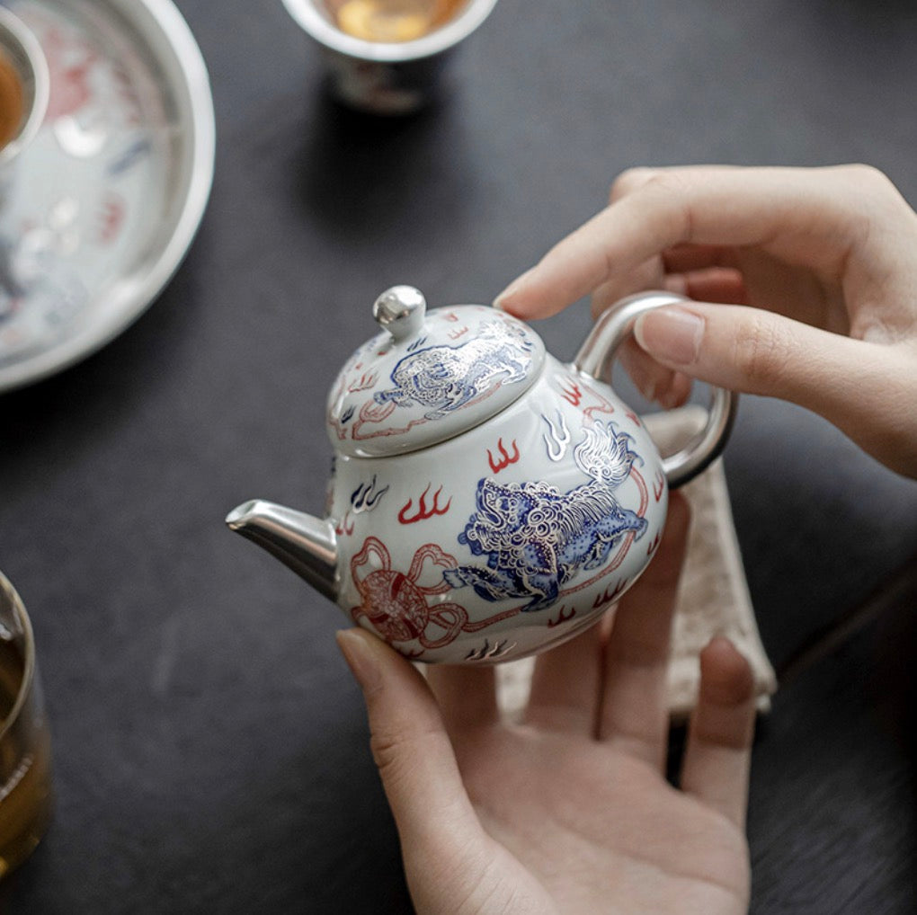 999 Sterling Silver Lion Ceramic Teapot
