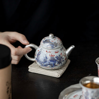 999 Sterling Silver Lion Ceramic Teapot
