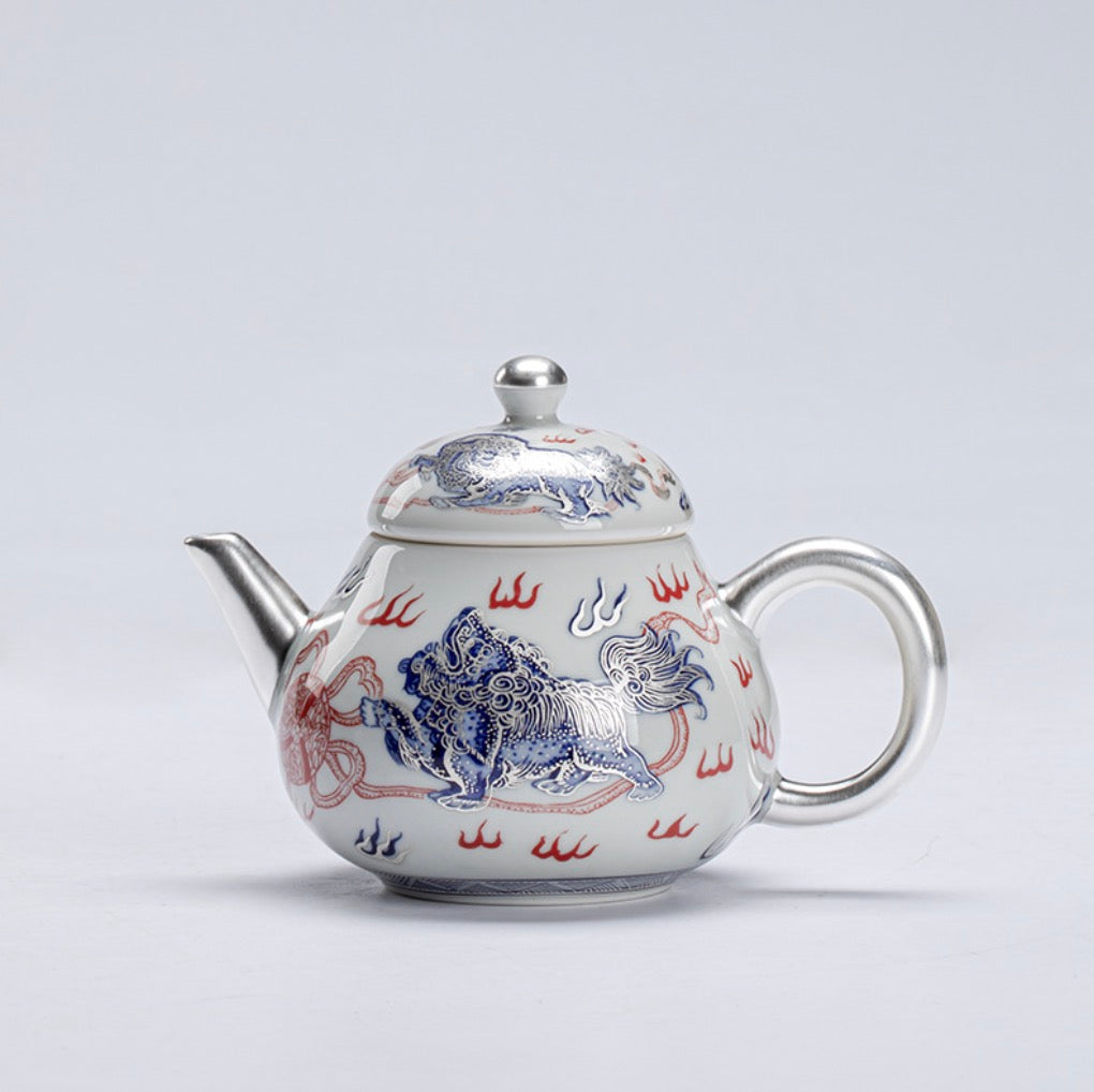 999 Sterling Silver Lion Ceramic Teapot
