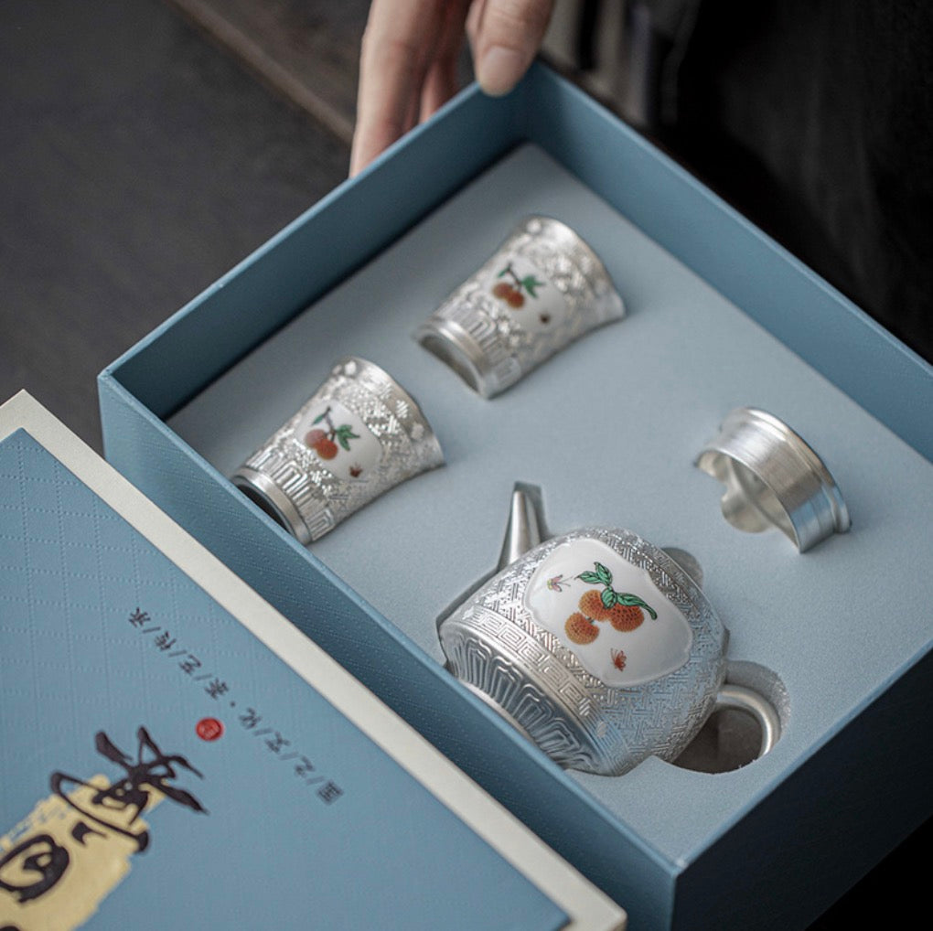 999 Sterling Silver Lychee Tea Pot Set (Gift Box)