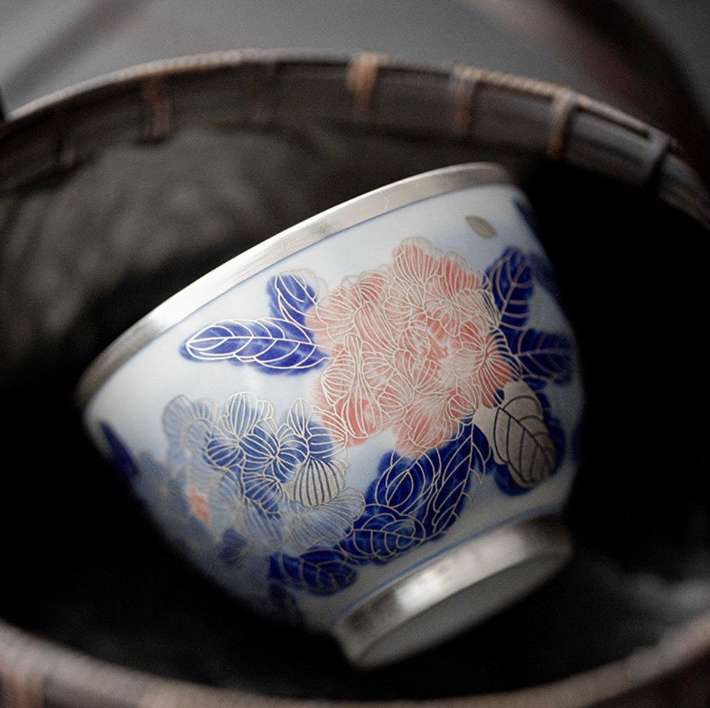 999 Sterling Silver Peony Tea Cup