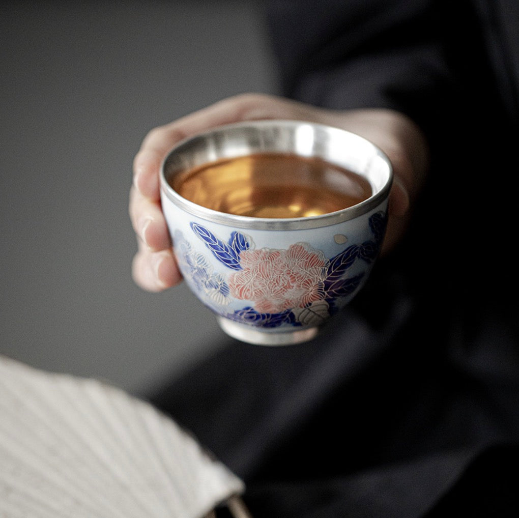 999 Sterling Silver Peony Tea Cup