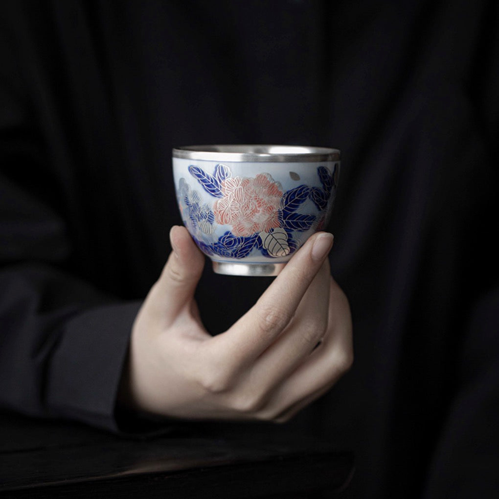999 Sterling Silver Peony Tea Cup