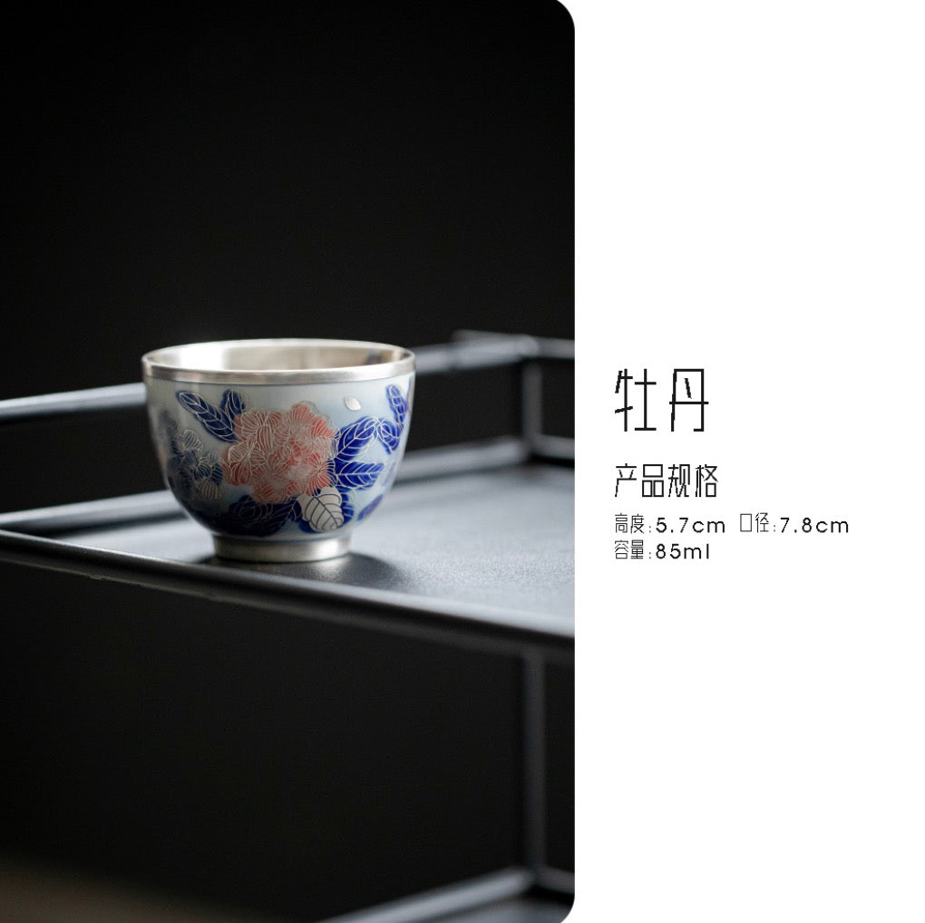 999 Sterling Silver Peony Tea Cup