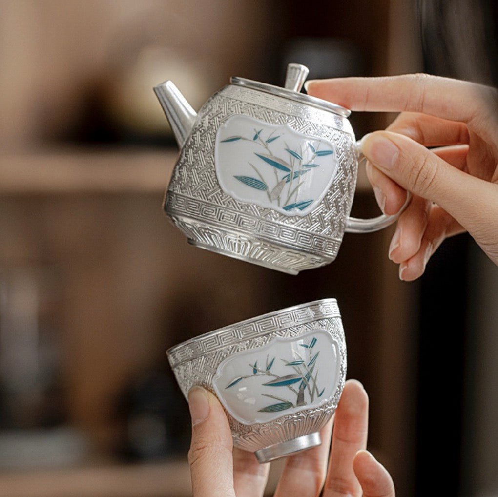 999 Sterling Silver Bamboo Tea Pot