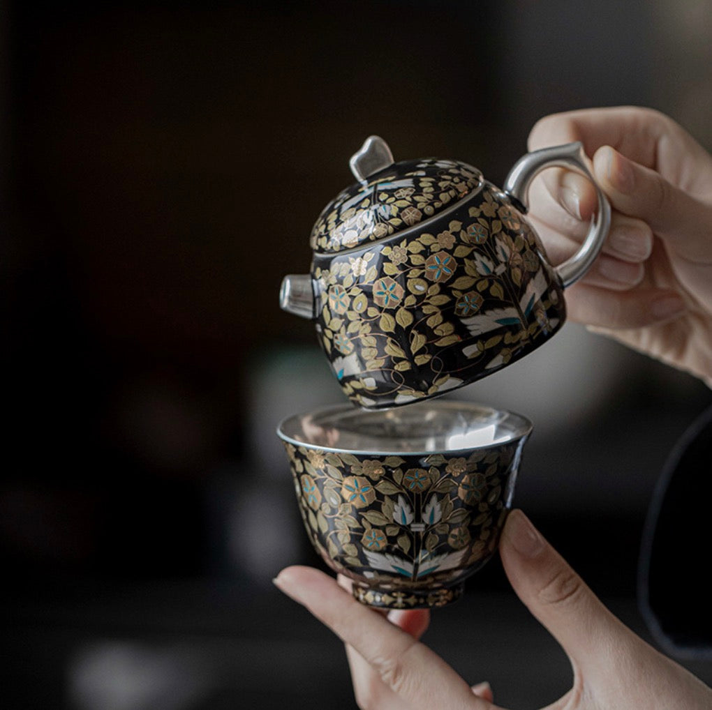 999 Sterling Silver Gold Branches and Jade Leaf Tea Pot Set