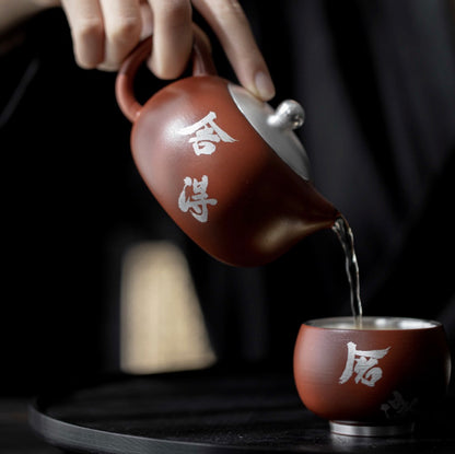 999 Sterling Silver Purple Clay Tea Pot Set