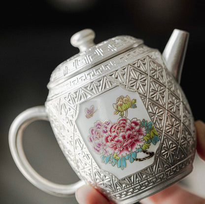 999 Sterling Silver Blooming Flowers Tea Pot