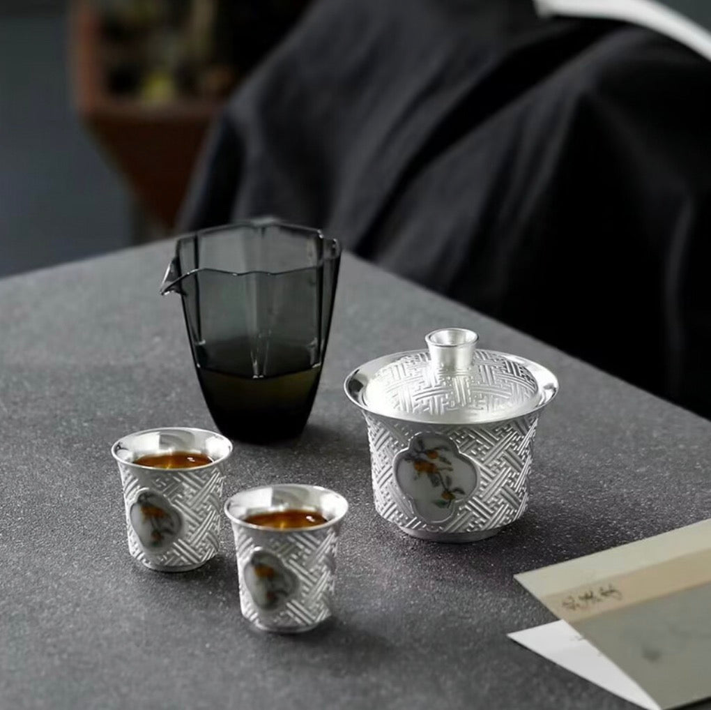 999 Sterling Silver Persimmon Tea Pot Set