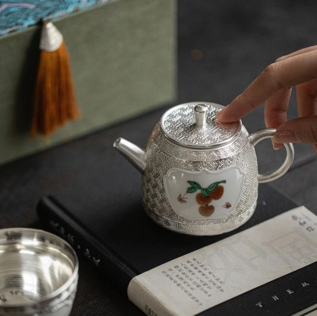999 Sterling Silver Lychee Tea Pot Set