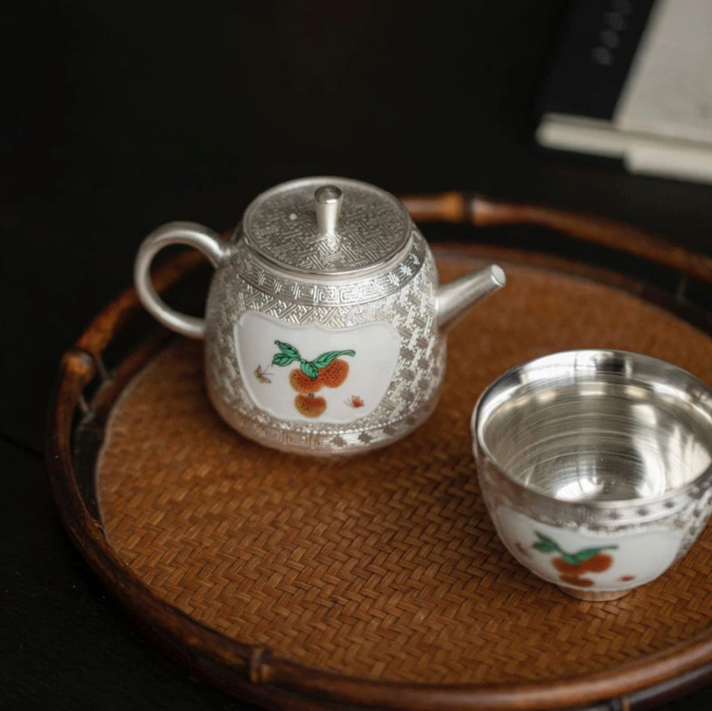 999 Sterling Silver Lychee Tea Pot Set