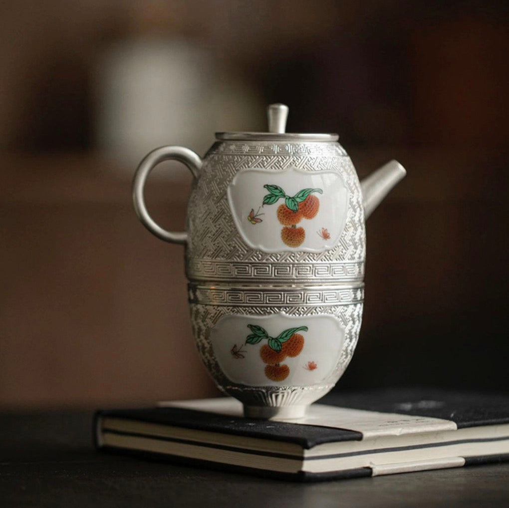 999 Sterling Silver Lychee Tea Pot Set