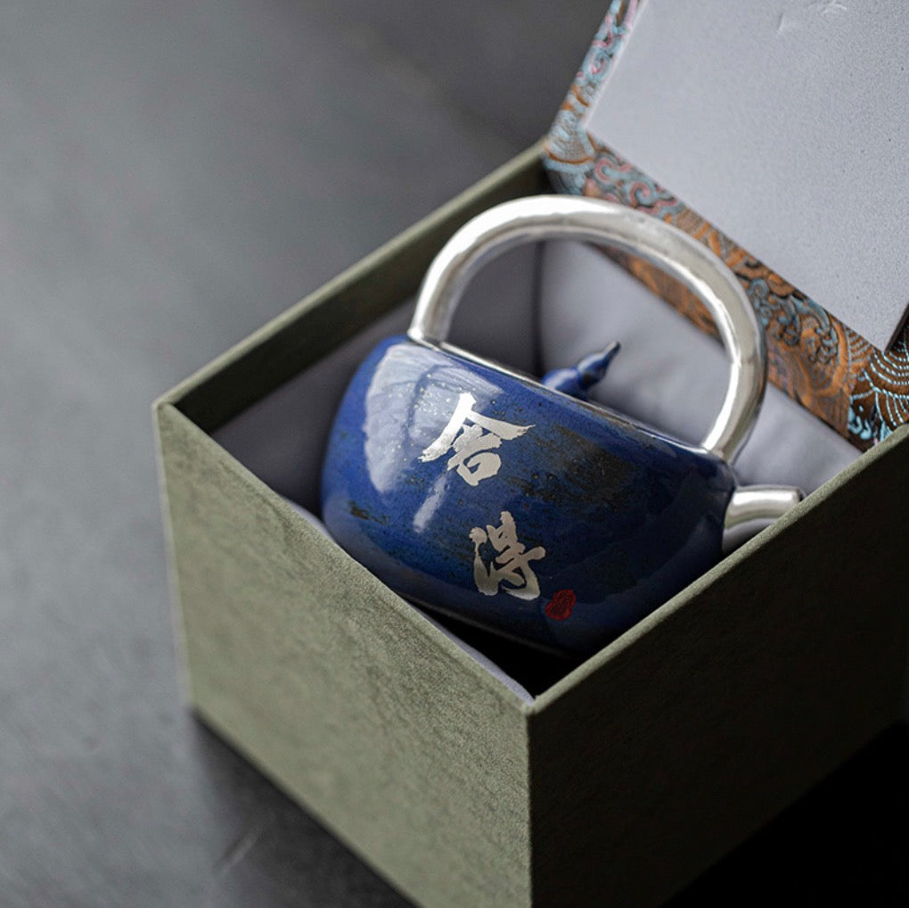 999 Sterling Silver Blue Tea Pot (with Handle)
