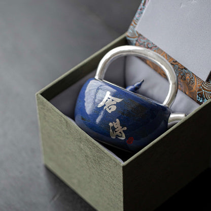 999 Sterling Silver Blue Tea Pot (with Handle)