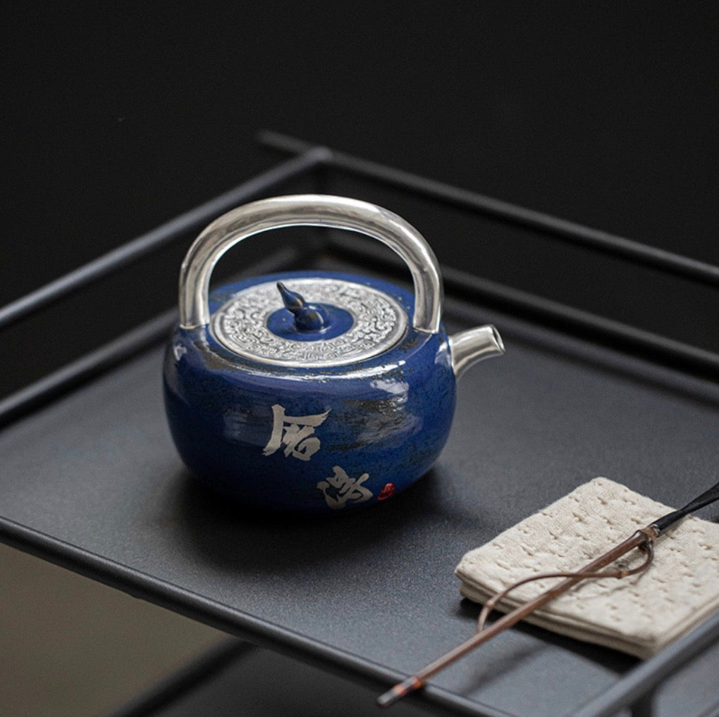 999 Sterling Silver Blue Tea Pot (with Handle)