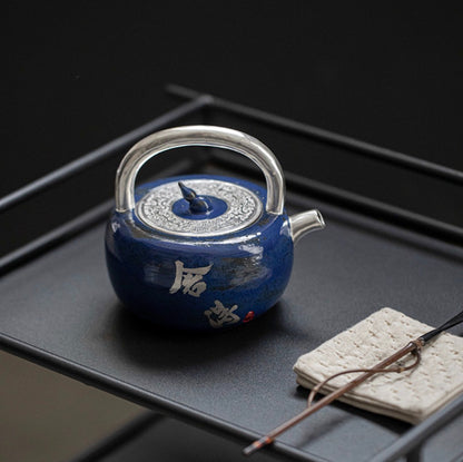 999 Sterling Silver Blue Tea Pot (with Handle)