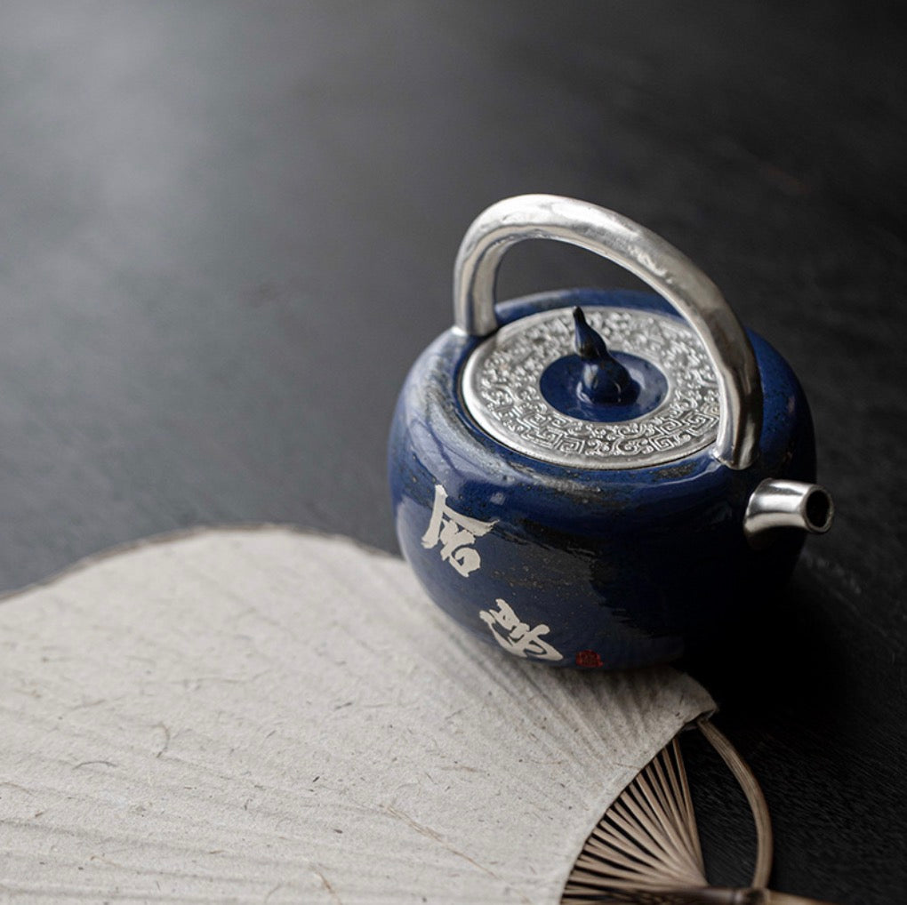999 Sterling Silver Blue Tea Pot (with Handle)