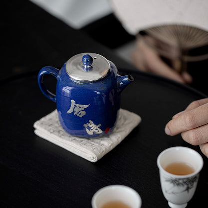 999 Sterling Silver Blue Handheld Tea Pot