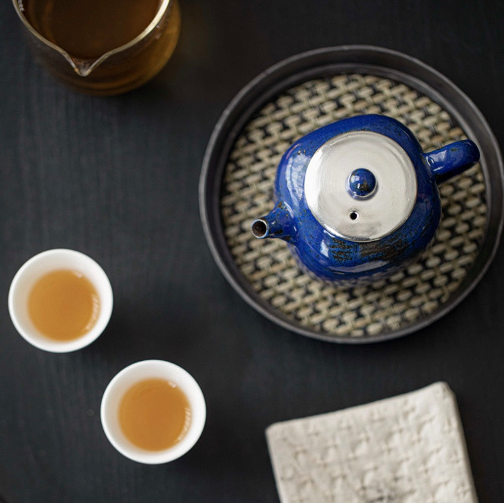 999 Sterling Silver Blue Handheld Tea Pot