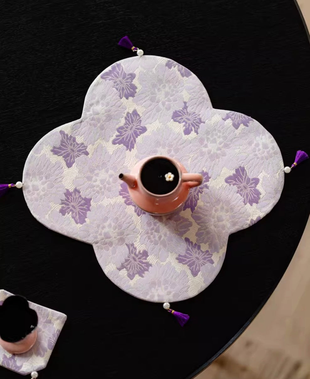 Purple Bloom Brocade Tea Mat Set