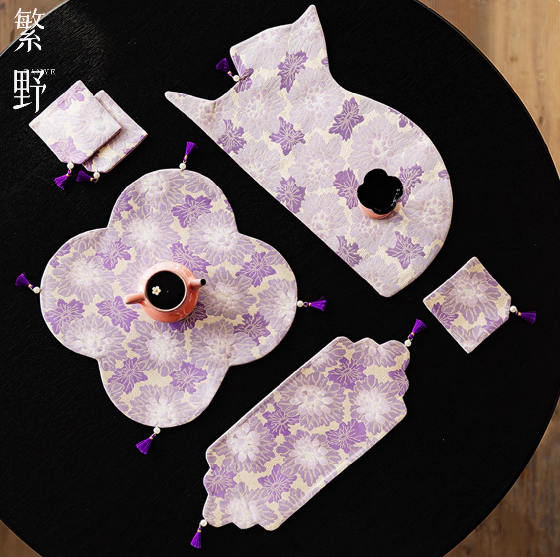 Purple Bloom Brocade Tea Mat Set