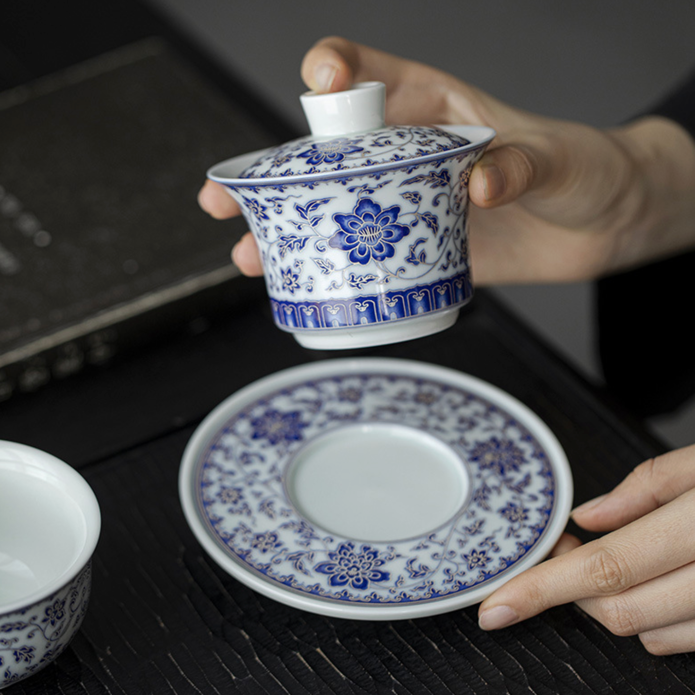 Qing Hua Lotus Vines Sancai Gaiwan Tea Cup