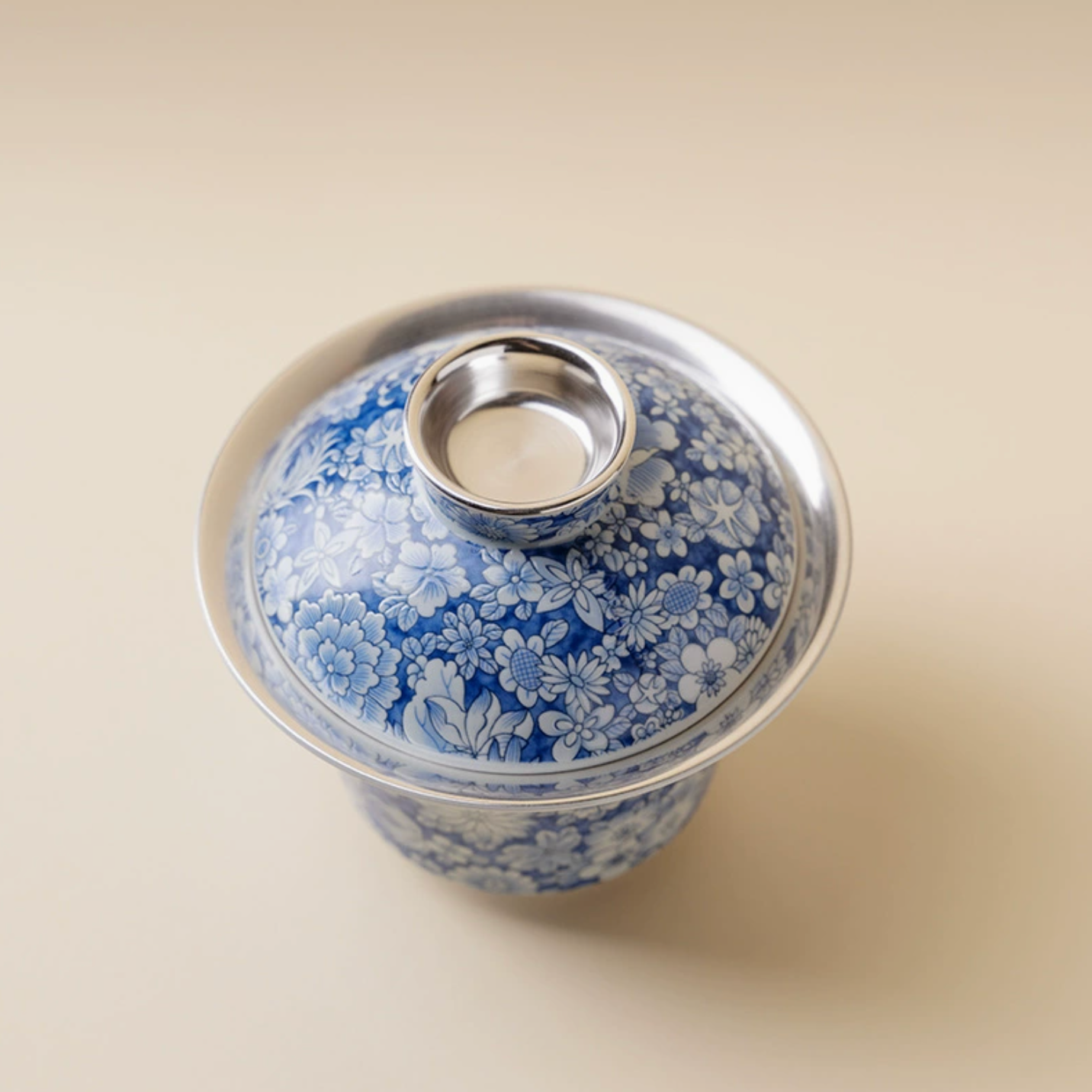 999 Sterling Silver Qing Hua Thousand Flowers Gaiwan Tea Cup