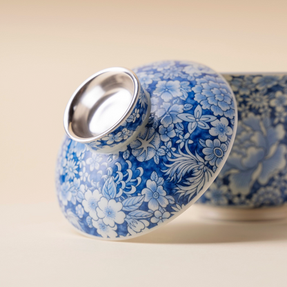 999 Sterling Silver Qing Hua Thousand Flowers Gaiwan Tea Cup
