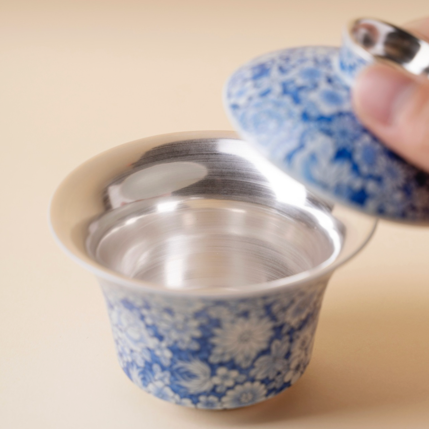 999 Sterling Silver Qing Hua Thousand Flowers Gaiwan Tea Cup