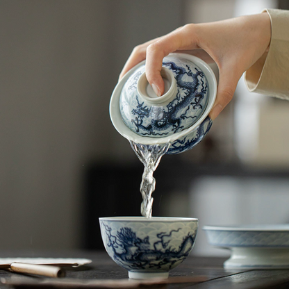 Qing Hua Dragon Sancai Covered Gaiwan Tea Cup