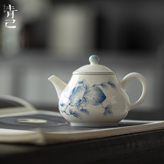 Qing Hua Longevity Peach Round Teapot